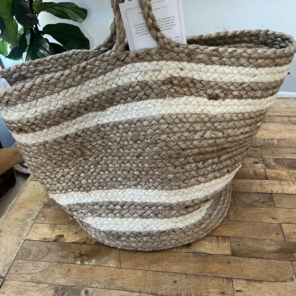 LR Home Natural Beige Jute Striped Storage Decorative Basket